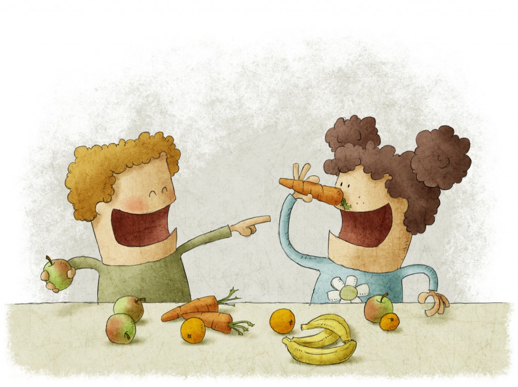two preschoolers having break for fruits